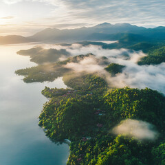 aerial view village mist on sunset. beautiful fog rolling green island hillside isolated on white background, png