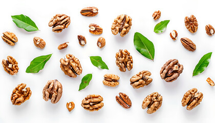 Obraz premium Walnuts with leaf isolated on white background. Top view. Flat lay