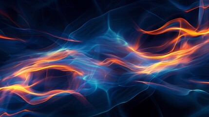 Abstract swirling waves of blue and orange light on a dark background.
