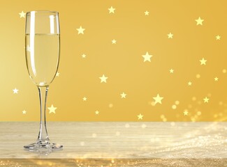 A flute glass with sparkling champagne on bright color
