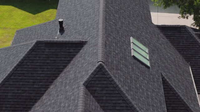 Aerial wide view of new roof is installed on a private house