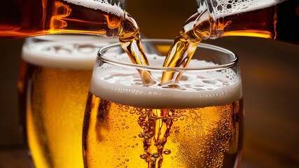 The moment of a delicious beer being poured into a glass, with the frothy head of the beer at the top.