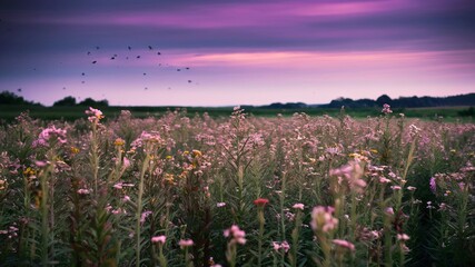 Serene sunset on a cloudy day against the backdrop of a flower field.