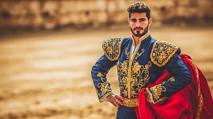 Spanish Bullfighter in Traditional Attire A young bullfighter stands confidently in a traditional traje de luces, featuring intricate gold embroidery on a dark blue suit. He holds a red cape 