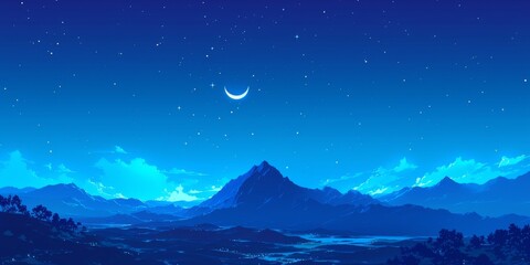 Fototapeta premium Enchanting Moonlit Mountain Landscape: Dreamy Night Sky with Crescent Moon and Clouds. Serene Hillside Silhouettes under Starry Heavens. Anime-inspired Cartoon Scenery for Creative Marketing. 4K Vecto