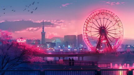 Ferris Wheel in the City at Dusk with Pink Sky.