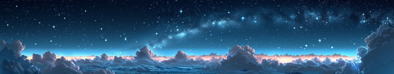 Fototapeta premium Enchanting Moonlit Mountain Landscape: Dreamy Night Sky with Crescent Moon and Clouds. Serene Hillside Silhouettes under Starry Heavens. Anime-inspired Cartoon Scenery for Creative Marketing. 4K Vecto