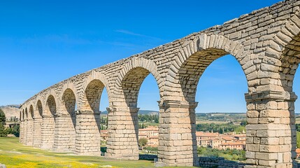 Roman Aqueduct in Segovia The ancient Roman aqueduct in Segovia is depicted with its impressive arches and stone construction. The image captures the aqueduct stretching across the landscape, 