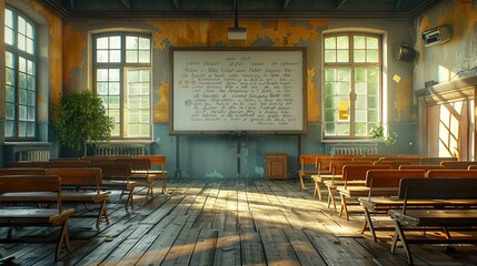 Fototapeta premium An empty classroom with a large whiteboard and motivational quotes on the walls