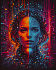 Fototapeta premium Futuristic portrait of a beautiful girl with cybernetic face, Modern art