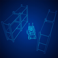 Forklift Loader lift truck in warehouse near rack. Wireframe low poly mesh vector illustration.