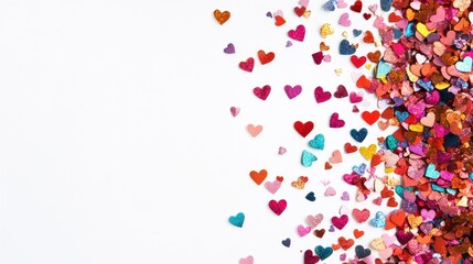 Colorful heart-shaped confetti against a white background, perfect for adding text on the right side.
