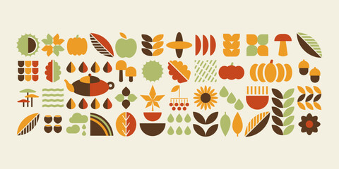 Big set of autumn fall shapes, geometric bauhaus minimalistic elements for design, contemporary natural organic harvest background, vector banner