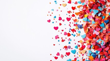 Fototapeta premium Colorful heart-shaped confetti against a white background, perfect for adding text on the right side.
