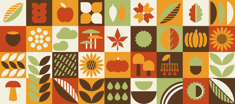 Big set of autumn fall shapes, geometric bauhaus minimalistic elements for design, contemporary natural organic harvest background, vector banner