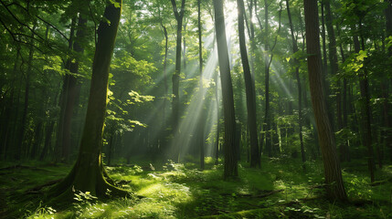 Obraz premium 반짝이는 빛들과 나무들 사이로 아침 햇살이 스며드는 숲 속