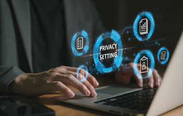 hand using laptop while choose to accept internet cookies policy or reject. Customer data privacy...