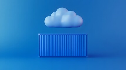 3D illustration of a blue shipping container beneath a white cloud, representing cloud storage and computing technology.