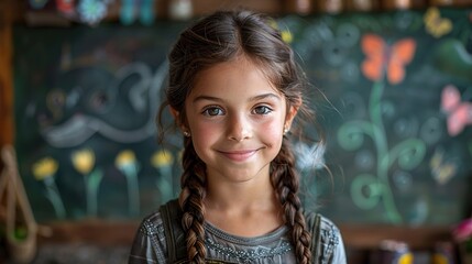 An Indian girl with braided hair standing in front of a green chalkboard with drawings of flowers and butterflies.