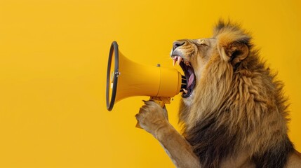 A funny lion holding a yellow loudspeaker and screaming on a yellow background, A fun lion speaks into a megaphone. Management and advertising.