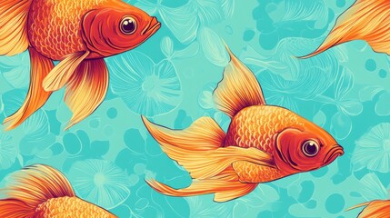 Fototapeta premium Seamless pattern of illustration of a fish swimming among vibrant vintage background. 