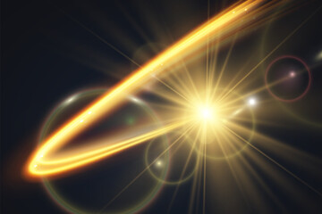 Light wave of shiny gold lines.Gold color glowing design element.Wavy bright stripes.

