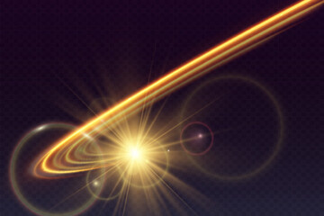 Light wave of shiny gold lines.Gold color glowing design element.Wavy bright stripes.
