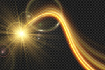 Light wave of shiny gold lines.Gold color glowing design element.Wavy bright stripes.
