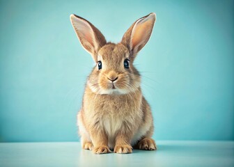 Obraz premium Adorable little rabbit with floppy ears and twitching whiskers sits alone on a soft, serene light blue background, exuding innocence and playfulness.