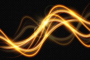 Light wave of shiny gold lines.Gold color glowing design element.Wavy bright stripes.
