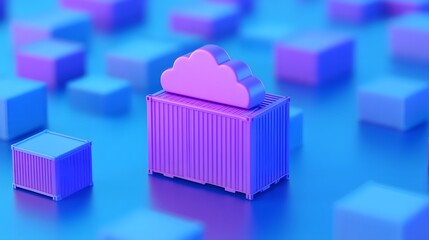 Fototapeta premium 3D illustration of a cloud computing container surrounded by cubes, representing modern digital technology and data storage solutions.