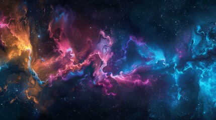 Obraz premium A mesmerizing display of vibrant nebula clouds, swirling with cosmic energy amidst a backdrop of twinkling stars.