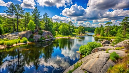 Fototapeta premium Vibrant summer scene featuring lush green trees and foliage thriving on granite bedrock surrounding a serene fen at a protected conservation area in Ontario.