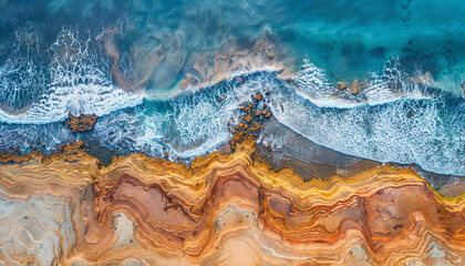 Ariel view of rocky coastline with colourful sand beside ocean with waves