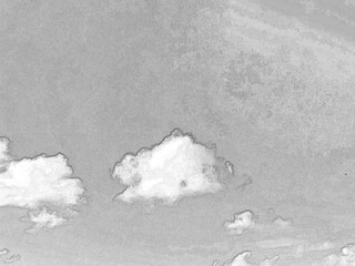 Summer white fluffy cumulus clouds in the deep blue sky. Pencil drawn sketch illustration, sketchy draft