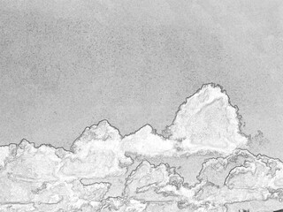 Summer white fluffy cumulus clouds in the deep blue sky. Pencil drawn sketch illustration, sketchy draft