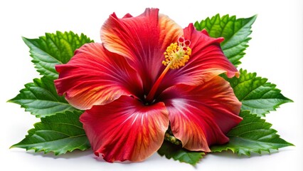Obraz premium Vibrant red hibiscus flower with delicate, ruffled petals and prominent yellow center, surrounded by lush green leaves, isolated on a clean white background.