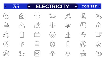 Electricity icon set with electromagnetic radiation, charger flow, lightning strike, static, induction, electric current and electromagnetic radiation.