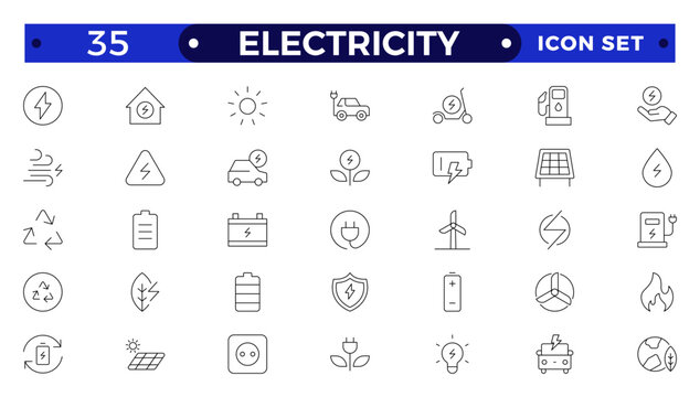 Electricity icon set with electromagnetic radiation, charger flow, lightning strike, static, induction, electric current and electromagnetic radiation.