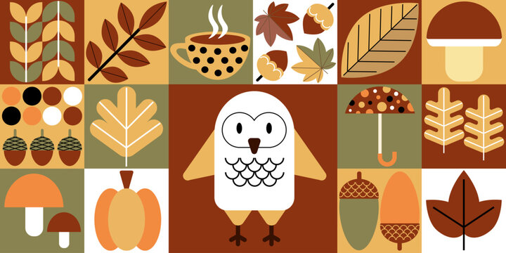 Fototapeta Autumn. Bauhaus abstract geometric pattern. Scandinavian style geometric seamless mosaic. Poster for sale, banner, cover, flyer.