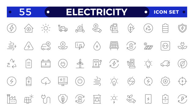 Electricity icon set with electromagnetic radiation, charger flow, lightning strike, static, induction, electric current and electromagnetic radiation.