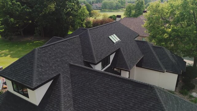 Aerial shot of new roof is installed on a private house