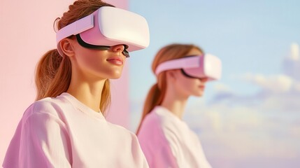 Shoppers using VR headsets for a virtual shopping experience, surreal, vivid colors, watercolor, merging reality with digital realms