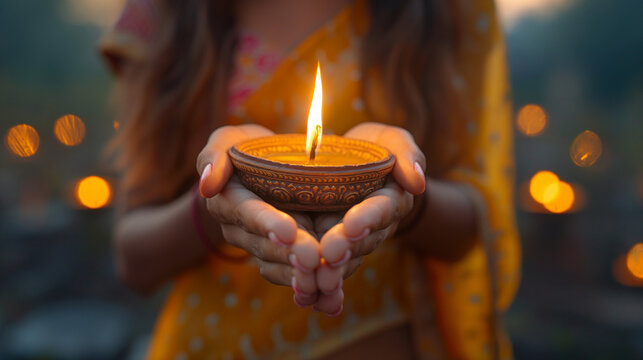 A woman holding lit diya lamp in hands. Diwali celebration Generative AI Illustrations. - Powered by Adobe