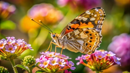 Obraz premium Delicate butterfly sips nectar from tiny flower at nature reserve in northern Israel, showcasing vibrant colors and intricate details of natural beauty.