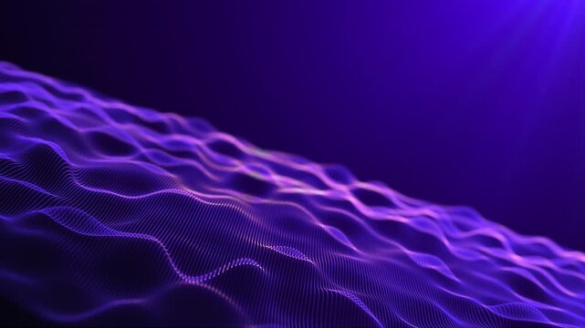 Parallel waves of violet color. Purple symmetrical waves. Diagonal wave with rays of light. Smooth movement of liquid smooth copper form. Surface of rose water. Fluorescent linear waves. Looped space.