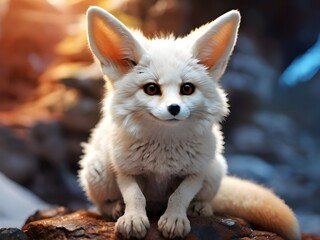 close up, high detail, 8k, realistic, cute little Fennec fox, white fur, looking at the camera, majestic sitting posture, depth of field rule of thirds intricate detail Generative AI
