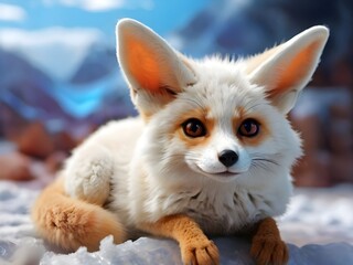 Obraz premium close up, high detail, 8k, realistic, cute little Fennec fox, white fur, looking at the camera, majestic sitting posture, depth of field rule of thirds intricate detail Generative AI