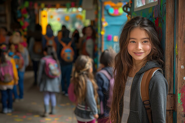 A girl with long hair stands in front of a group of children