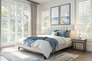 Scandinavian natural colors, farmhouse bedroom interior, nordic and cozy bedroom